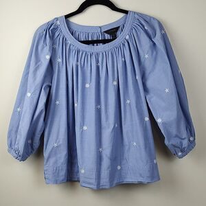 J. Crew The Perfect Embroidered Chambray Cotton Blouse Top Puff Sleeves Size S